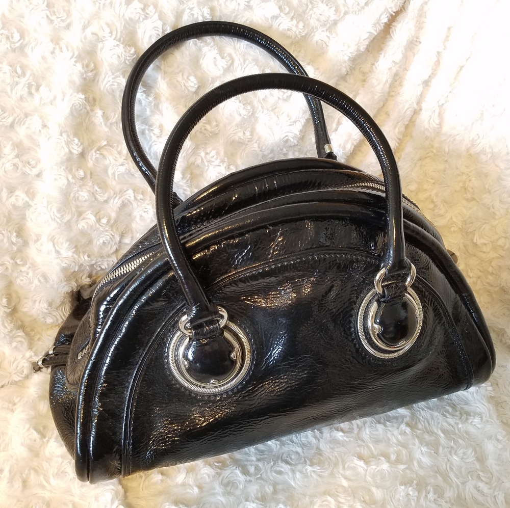Elie Tahari Patent Leather Black Handbag Purse Sil
